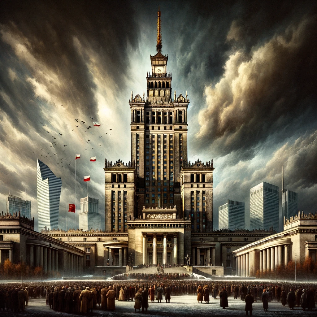 A varsói Kulturális és Tudományos Palota: Ez a kép művészien ábrázolja a szovjet korszak monumentális építészetét, megragadva az épület nagyszabású és impozáns jellegét.